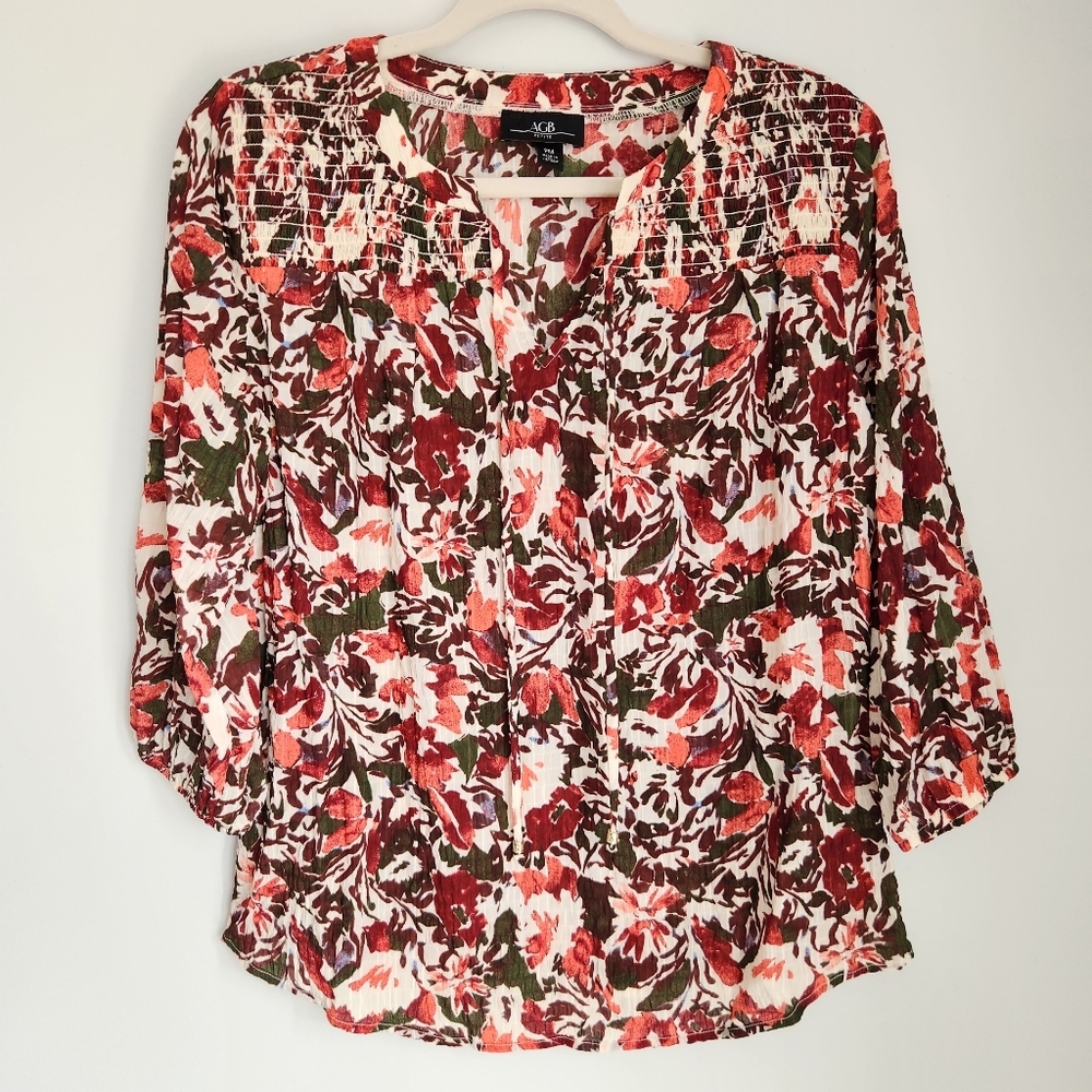 AGB Petite Smocked Floral Boho Peasant Blouse Tie Neck Top 3/4 Sleeve Size MP